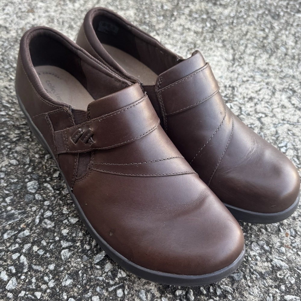 Clarks Angie Pearl Slip On Shoes Womens 11 W Brown Leather Comfort Low Heel